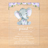 かわいい象、紫の花、1歳の誕生日 アクリル招待状 (正面)
