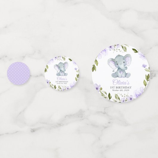 かわいい象、紫色の花、最初の誕生日 コンフェッティ (裏面)