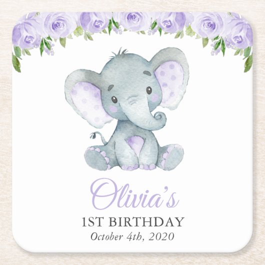 かわいい象、紫色の花、最初の誕生日 スクエアペーパーコースター (正面)