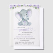 かわいい象、紫色の花、最初の誕生日 ベラム紙招待状 (オフセット)