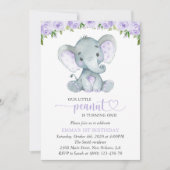 かわいい象、紫色の花、最初の誕生日 招待状 (正面)