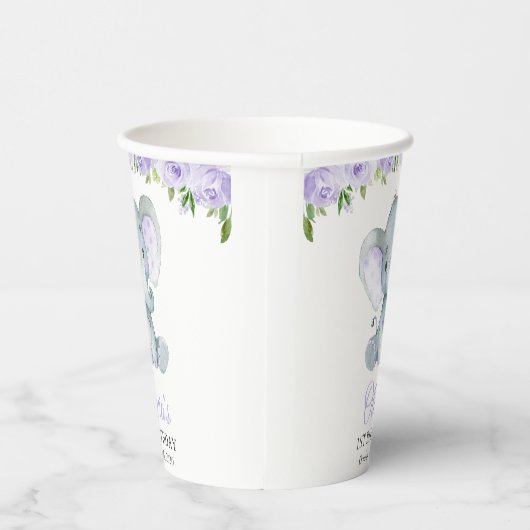 かわいい象、紫色の花、最初の誕生日 紙コップ (右)