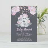 かわいい象,花+ライトパープルのベビーシャワー 招待状 (スタンド正面)