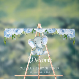 かわいい象、青い花、赤ちゃんシャワーへようこそ アクリルサイン