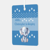 かわいい象 shhh 名前を入力 寝てる 青 メタルオーナメント (正面左)