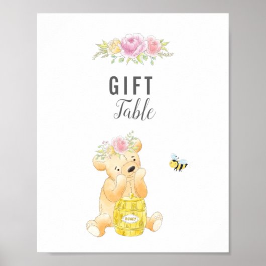 かわいい贈り物テーブル 女の子 テディベア 赤ちゃんのお披露目パーティー ポスター (正面)