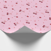 かわいい赤いさくらんぼのハートがピンクで弓 ラッピングペーパー (角)