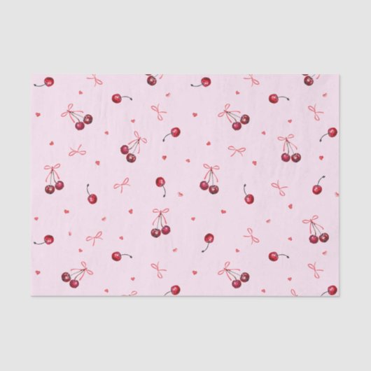 かわいい赤いさくらんぼのハートがピンクで弓 薄葉紙 (正面)