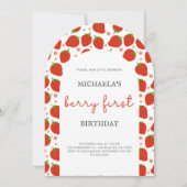 かわいい赤いちごベリーファースト誕生日 招待状 (正面)