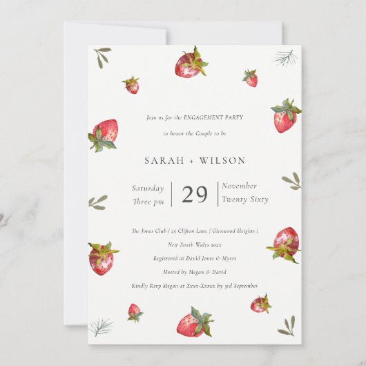 かわいい赤いちごリーフィグリーン婚約招待状 サンキューカード (正面)