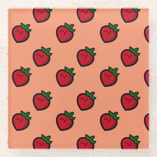 かわいい赤いちご柄ビーガン ガラスコースター (正面)