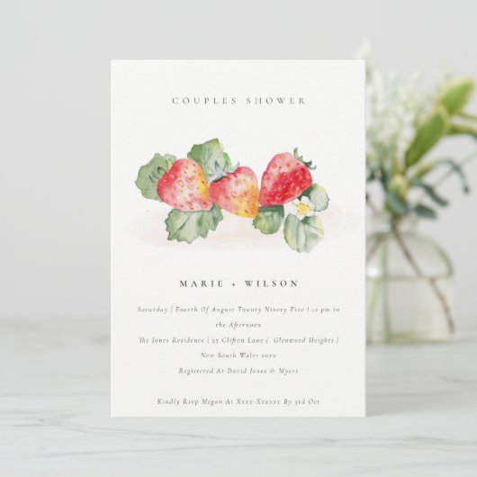 かわいい赤いちご葉のカップルがシャワー 招待状 (スタンド正面)