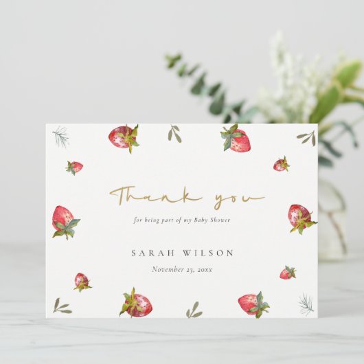かわいい赤いちご葉植物性ベビーシャワー サンキューカード (スタンド正面)