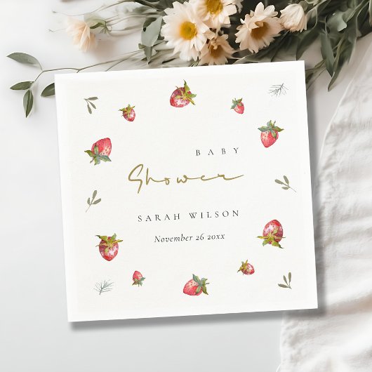 かわいい赤いちご葉植物性ベビーシャワー スタンダードカクテルナプキン
