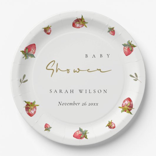 かわいい赤いちご葉植物性ベビーシャワー ペーパープレート (正面)