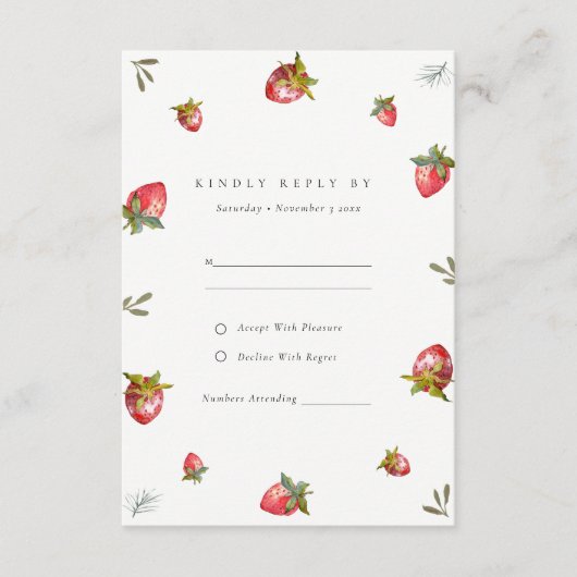 かわいい赤いちご葉植物結婚式RSVP エンクロージャーカード (正面)