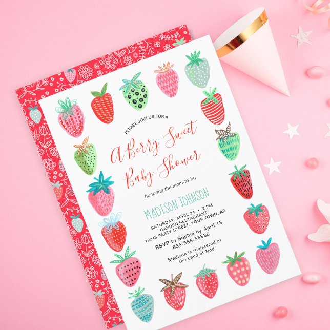 かわいい赤いちご赤ちゃんシャワー予算の招待状 (Cute Red Strawberry baby shower budget invitation)