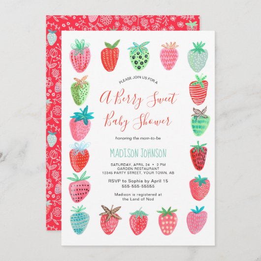かわいい赤いちご赤ちゃんシャワー予算の招待状 招待状 (正面/裏面)