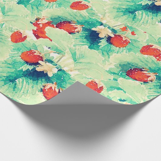 かわいい赤いイチゴと紅葉絵を描水色 ラッピングペーパー (角)