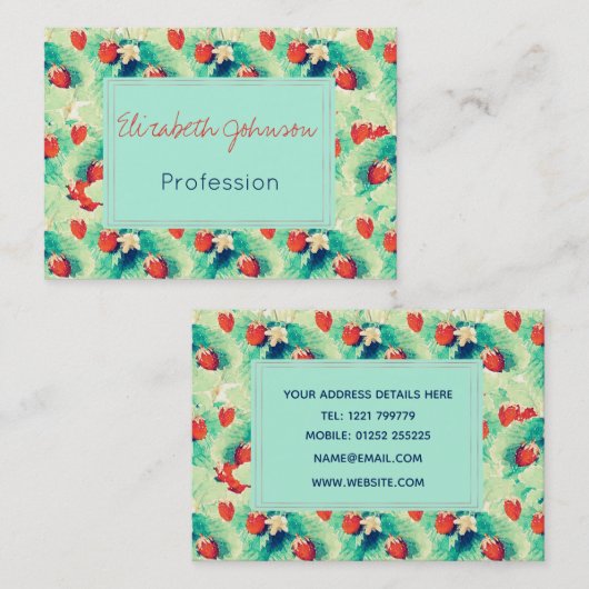 かわいい赤いイチゴと紅葉絵を描水色 名刺 (正面/裏面)