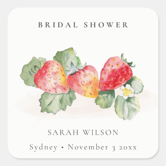 かわいい赤いイチゴの葉のウェディングシャワーの招待状 スクエアシール (正面)