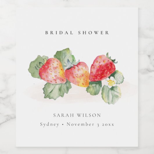 かわいい赤いイチゴの葉のウェディングシャワーデザイン ワインラベル (シングルラベル)