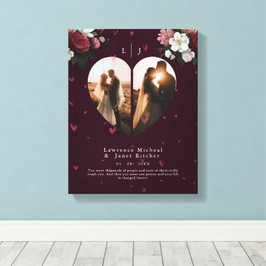 かわいい赤いカスタムハートの形カップルの写真ギフト キャンバスプリント (インサイチュ (ウッドフロア))