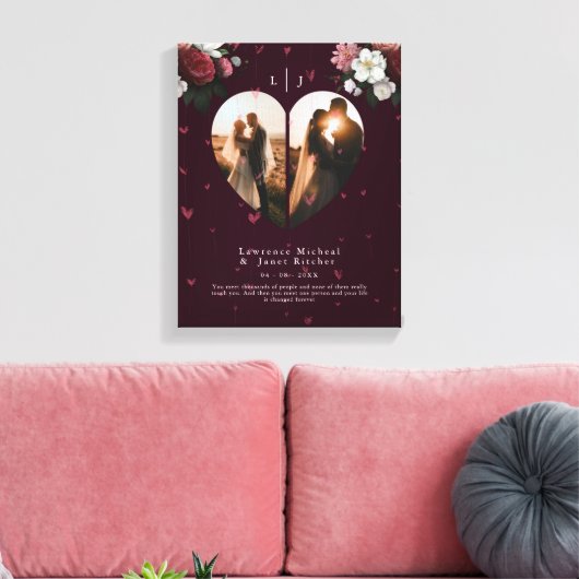 かわいい赤いカスタムハートの形カップルの写真ギフト キャンバスプリント (インサイチュ (リビング))