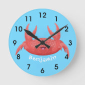 かわいい赤いカニのイラストレーション ラウンド壁時計 (正面)