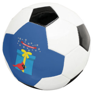 かわいい赤いカーディナルと青いプレゼント サッカーボール