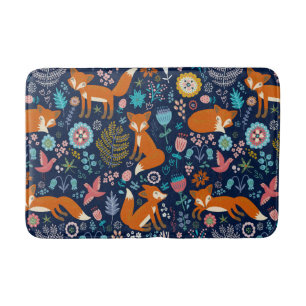 かわいい赤いキツネとカラフル花 バスマット