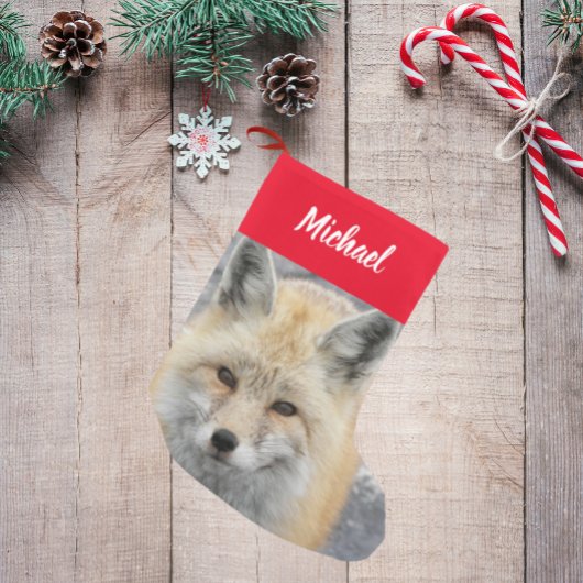 かわいい赤いキツネ写真（名前あり） スモールクリスマスストッキング
