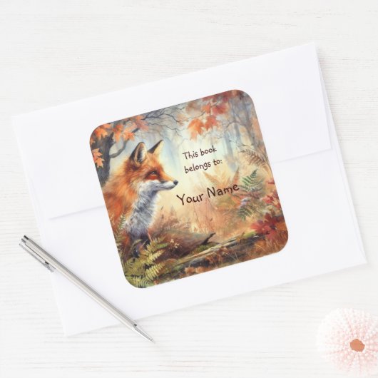 かわいい赤いキツネ、この本は蔵書票 スクエアシール (封筒)