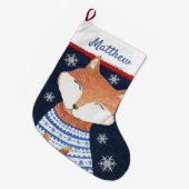 かわいい赤いキツネ（青い白いセーター）雪片 ラージクリスマスストッキング (正面 (吊り時))