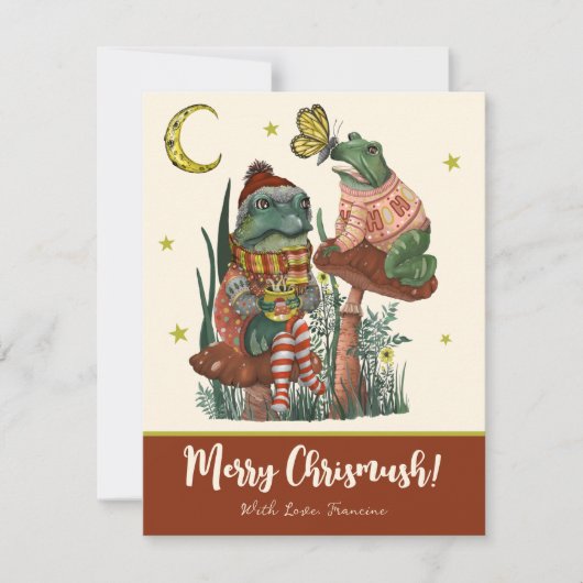 かわいい赤いキノコのカエルとイボタニのクリスマス シーズンカード (正面)