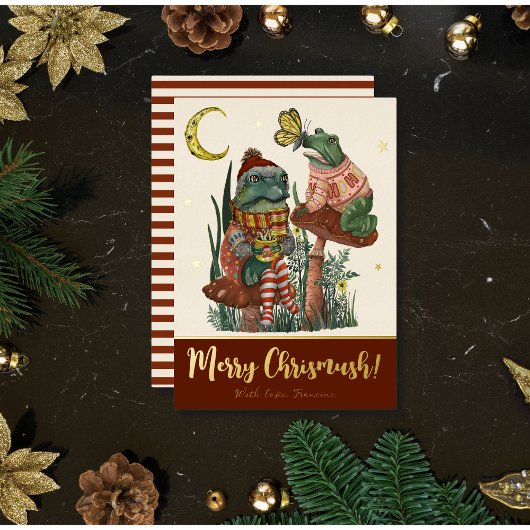 かわいい赤いキノコのカエルとトードのメリークリスマスカード 箔シーズンカード