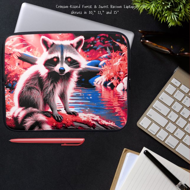 かわいい赤いキラキラの森クリムゾンキッズアライグマ15" ラップトップスリーブ (Cute, little crimson-kissed raccoon in the red light forest by a stream laptop sleeves)