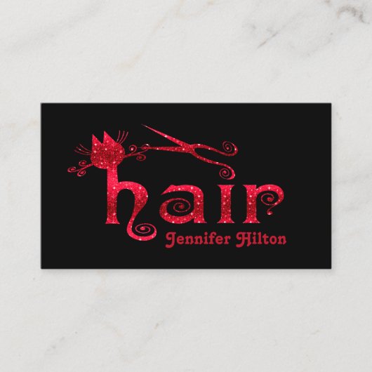 かわいい赤いキラキラ猫のヘアロゴ 名刺 (正面)