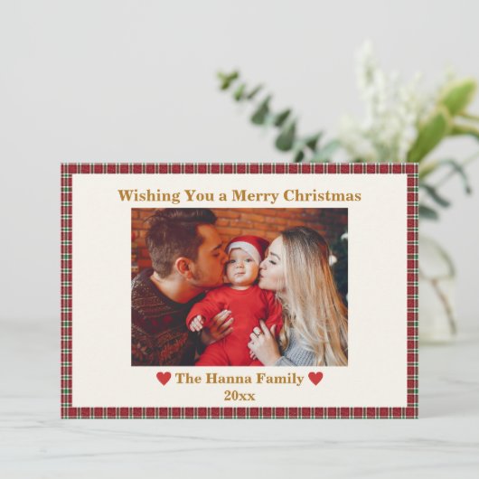 かわいい赤いギンガムプレイドカスタム写真クリスマス シーズンカード (スタンド正面)