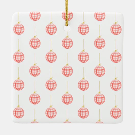 かわいい赤いギンガムプレイドカスタム写真クリスマス セラミックオーナメント (裏面)