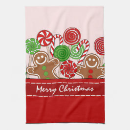 かわいい赤いクリスマスのジンジャーブレッド キッチンタオル