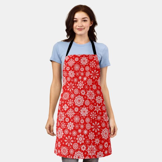 かわいい赤いクリスマスの雪 エプロン (着用した状態)