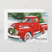 かわいい赤いクリスマストラックと犬 シーズンポストカード (正面/裏面)