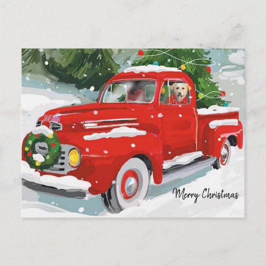 かわいい赤いクリスマストラックと犬 シーズンポストカード (正面)