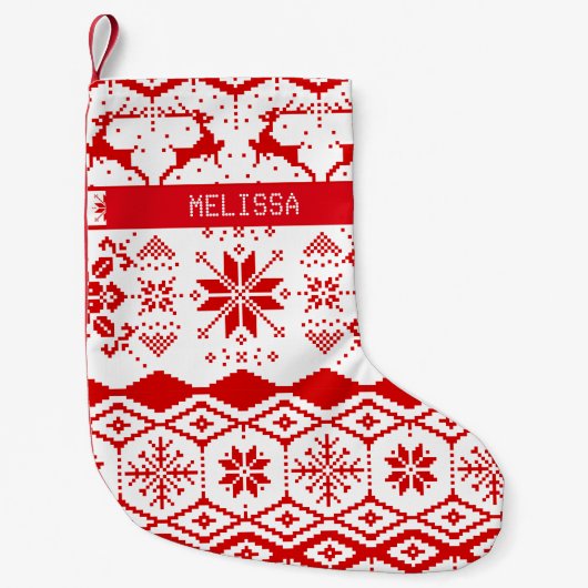 かわいい赤いクリスマスニットのトナカイと雪片 スモールクリスマスストッキング (正面)