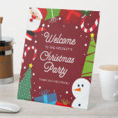 かわいい赤いクリスマスパーティーのサンタと雪だるま 台座サイン (インサイチュ)