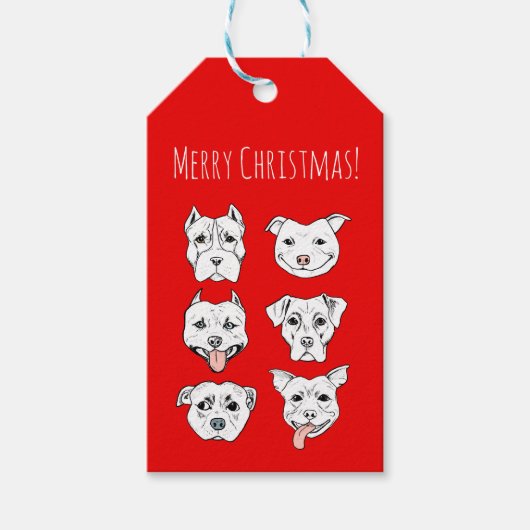 かわいい赤いクリスマスピットブル犬 ギフトタグ (正面)