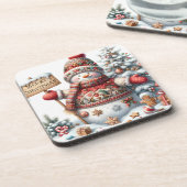 かわいい赤いクリスマス雪だるま コースター (左側)