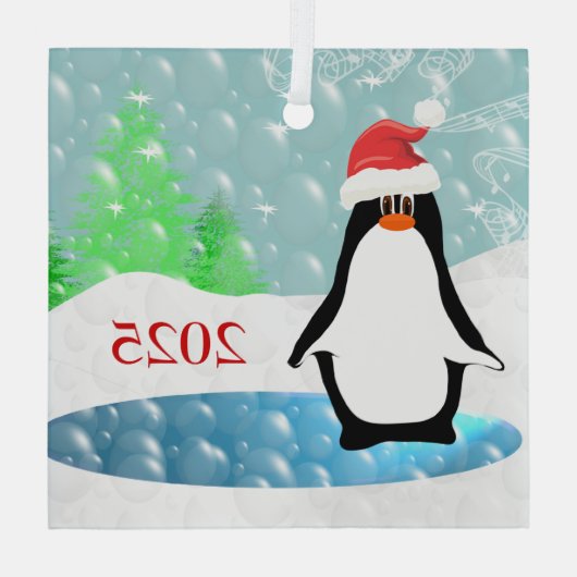 かわいい赤いサンタおもしろいハットクリスマスのペンギン ガラスオーナメント (裏面)