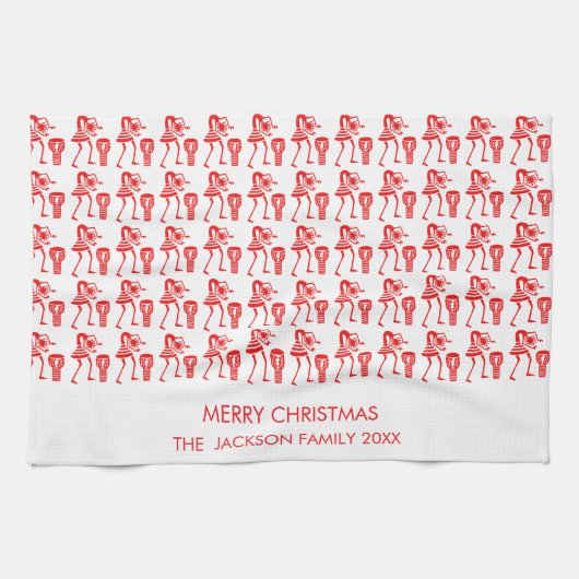 かわいい赤いシルエットとハッピーダンス キッチンタオル (横)